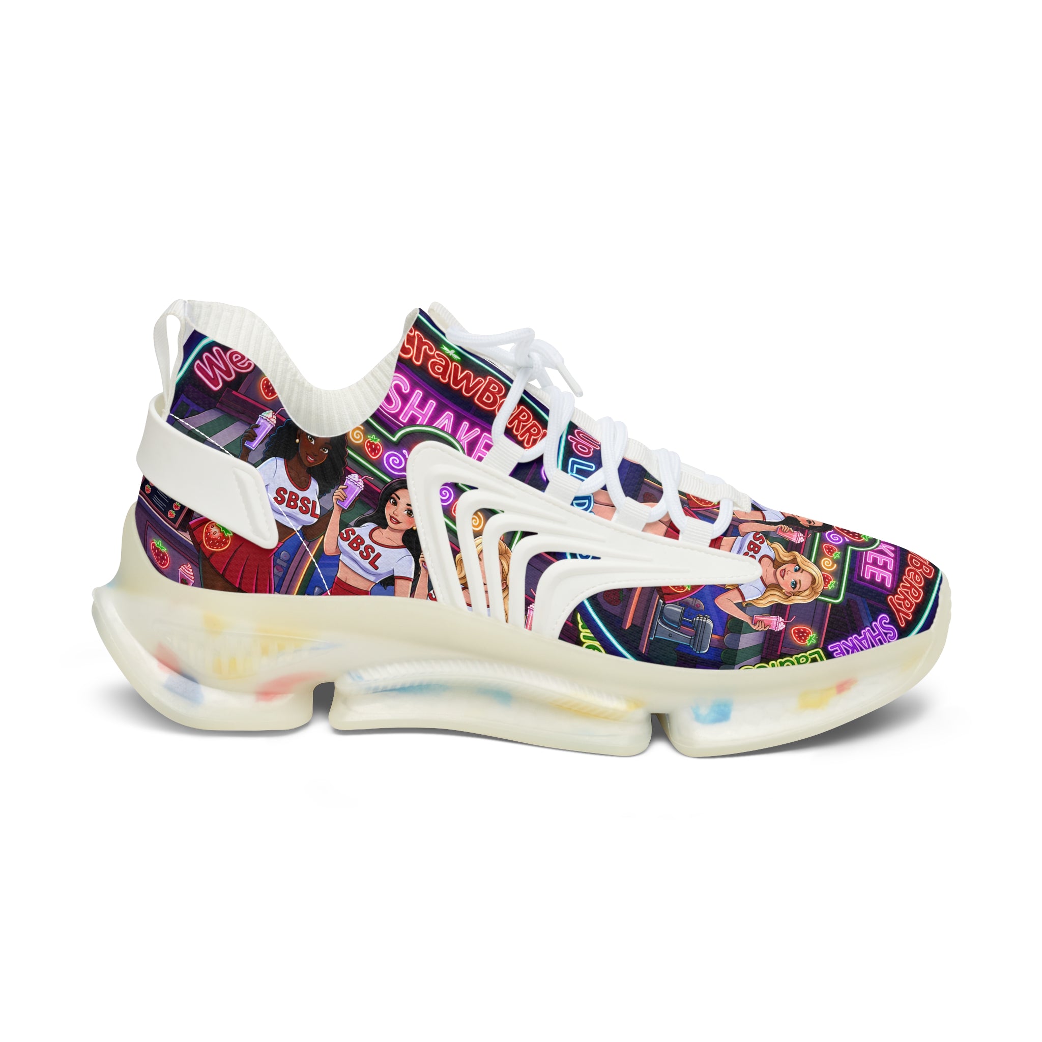 Women’s Mesh Sneakers  " Strawberry Shake "— Colorful Retro Dance Crew Graphic