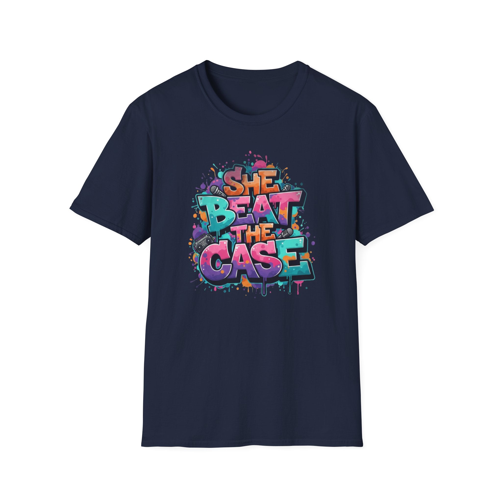She Beat the Case Graphic T-Shirt — Colorful Graffiti Survivor Tee