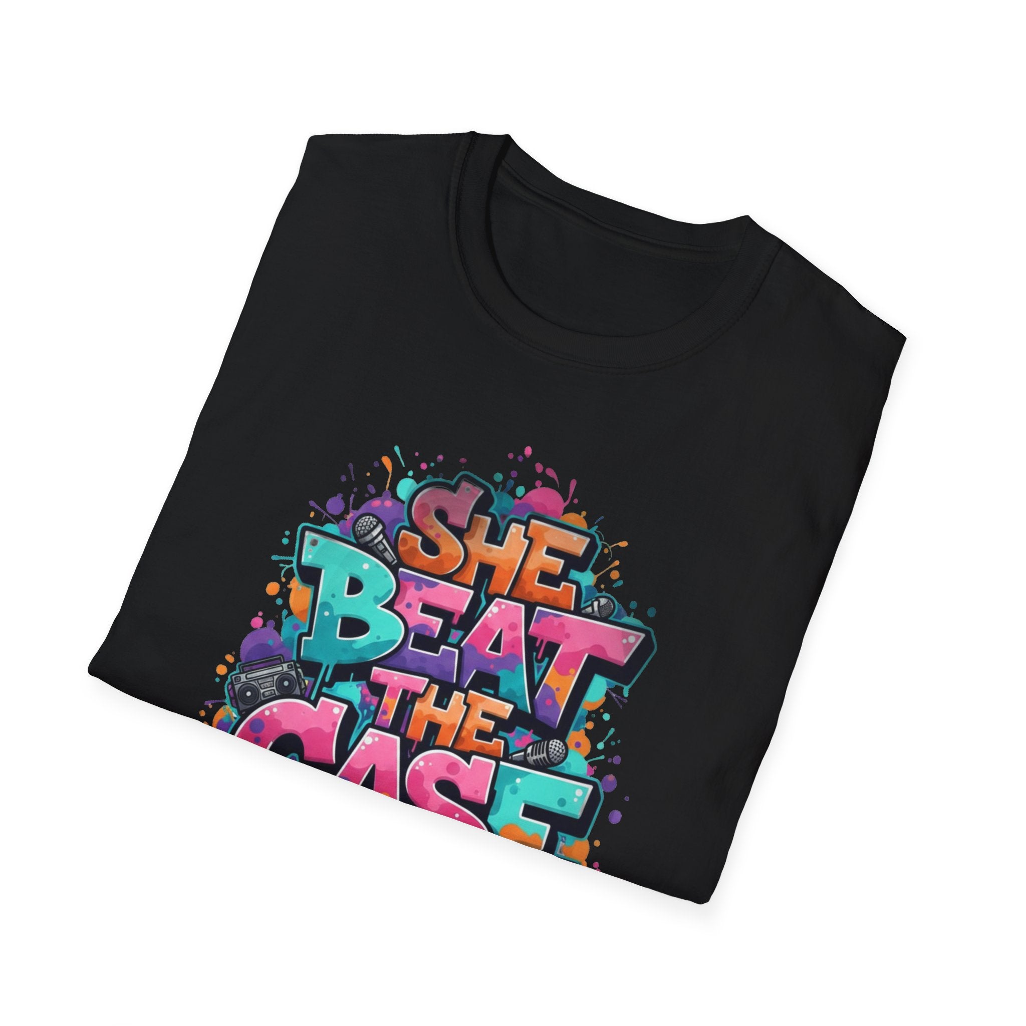 She Beat the Case Graphic T-Shirt — Colorful Graffiti Survivor Tee