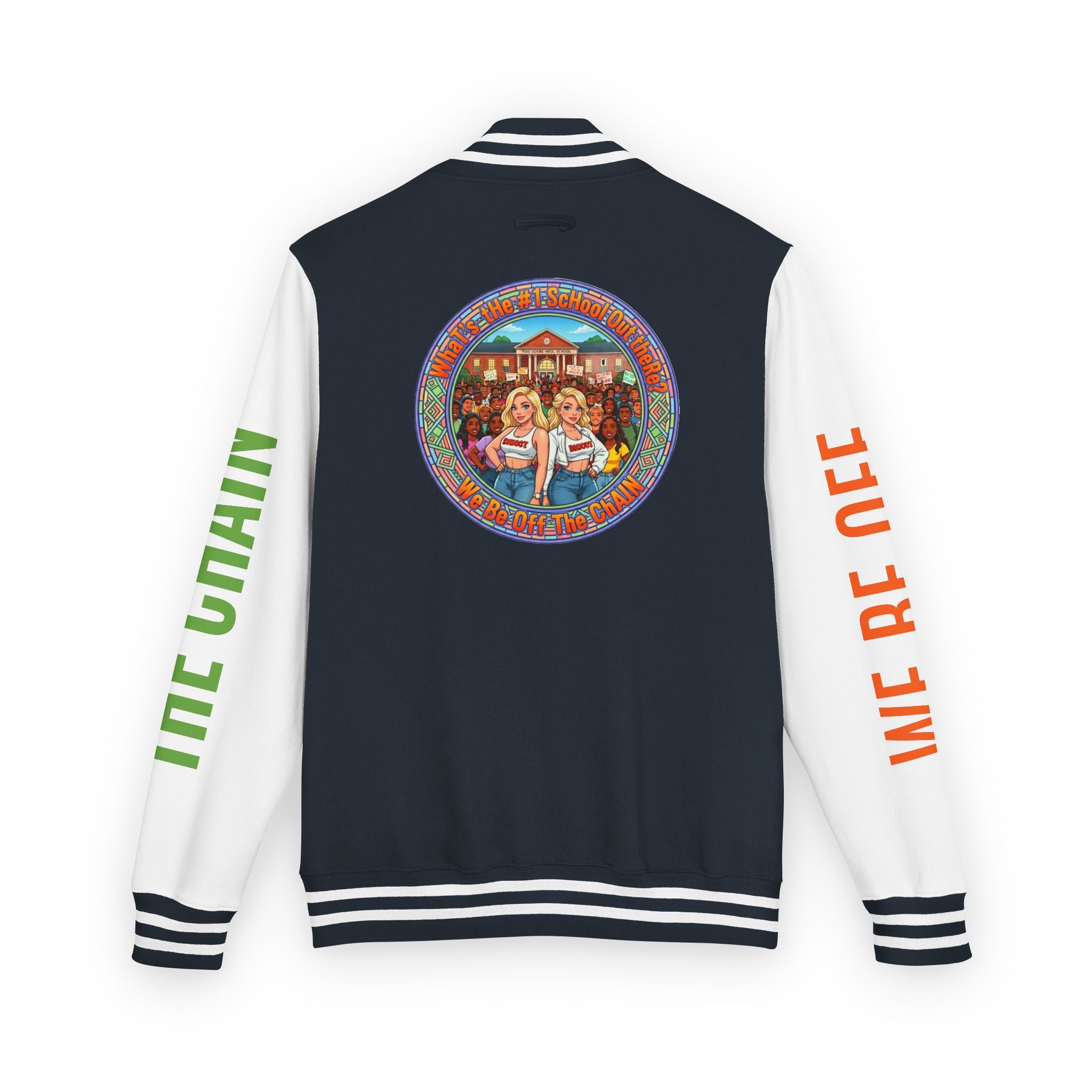 Retro Colorblock Letterman Jacket — 'We Be Off The Chain' Sleeve Print