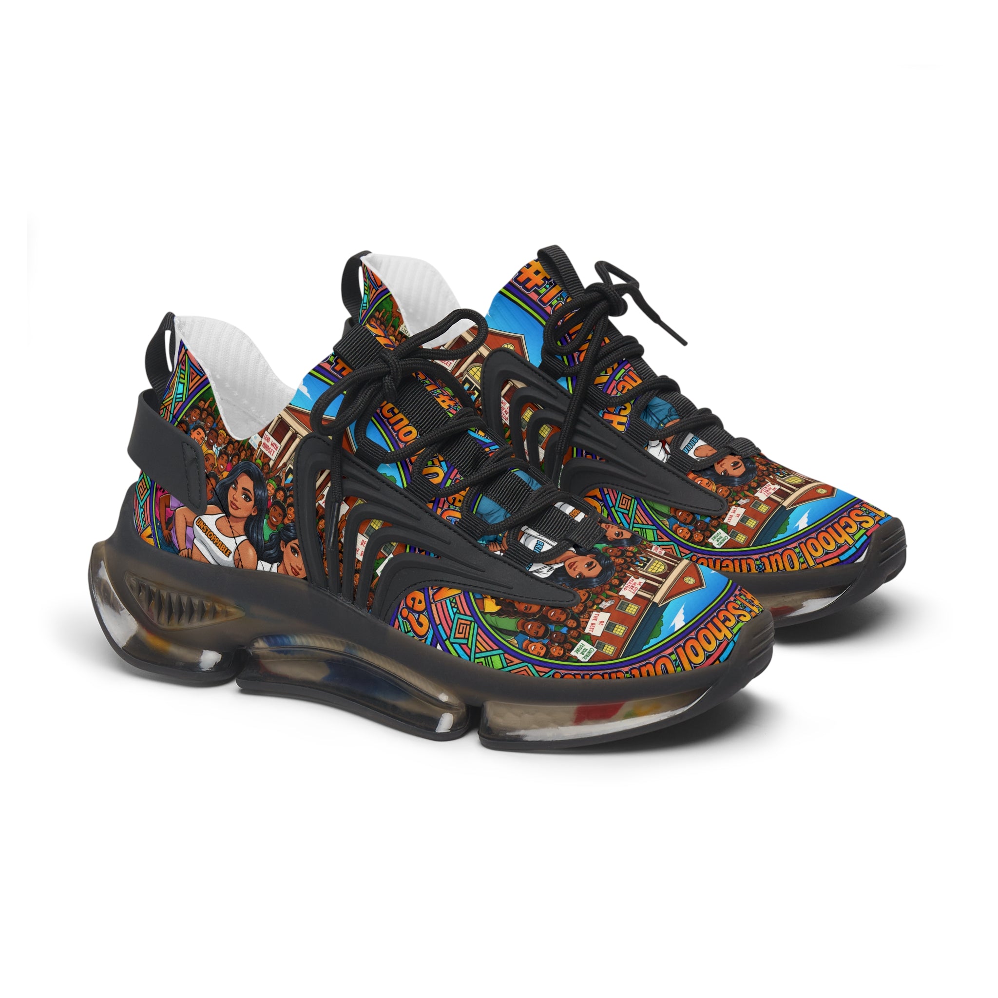 Mesh Sneakers — " What's The #1 School Out There " Colorful Retro School Girl Graphic Athletic Shoes