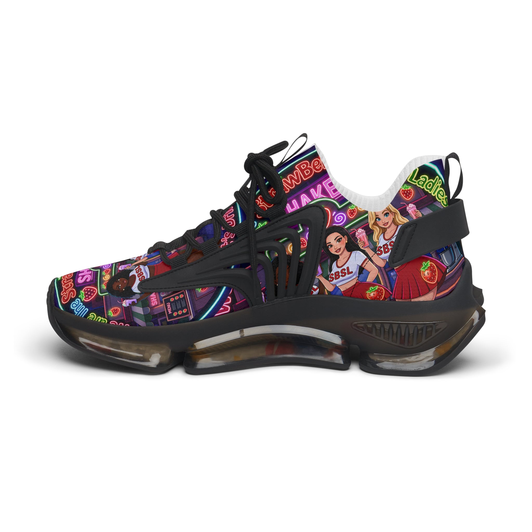 Women’s Mesh Sneakers  " Strawberry Shake "— Colorful Retro Dance Crew Graphic