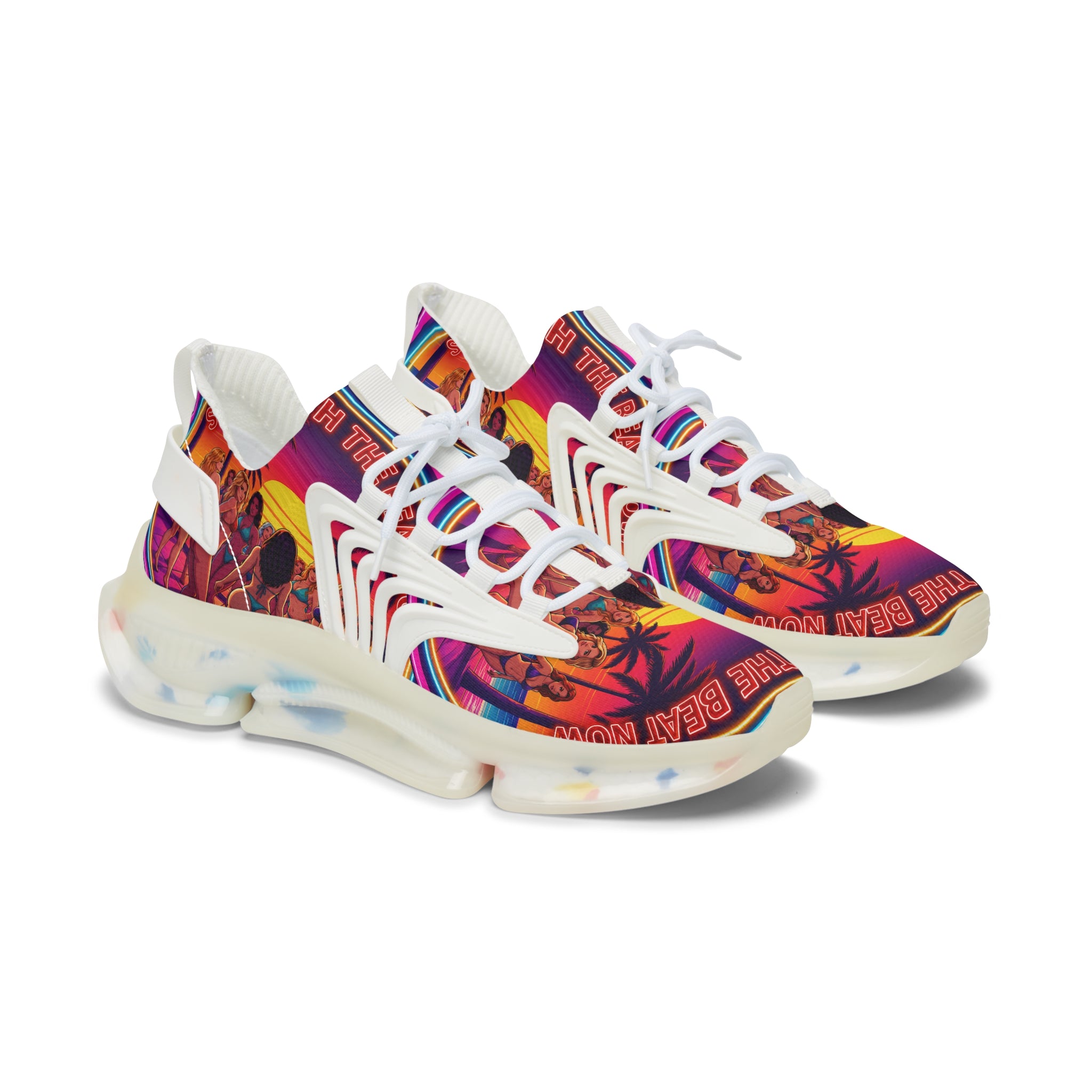 Women's Mesh Sneakers —"Slide With The Beat Now "Vibrant Retro Sunset Graphic Trainers