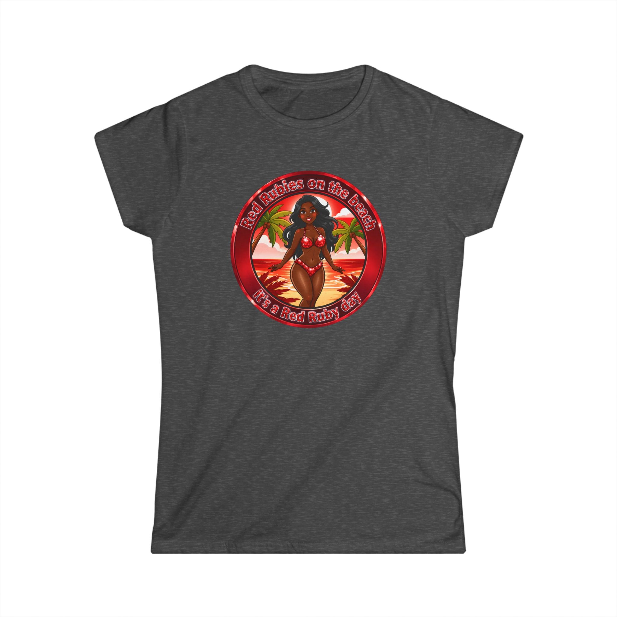 Tropical Pinup Tee — "Red Rubies On The Beach" Vintage Bikini Graphic