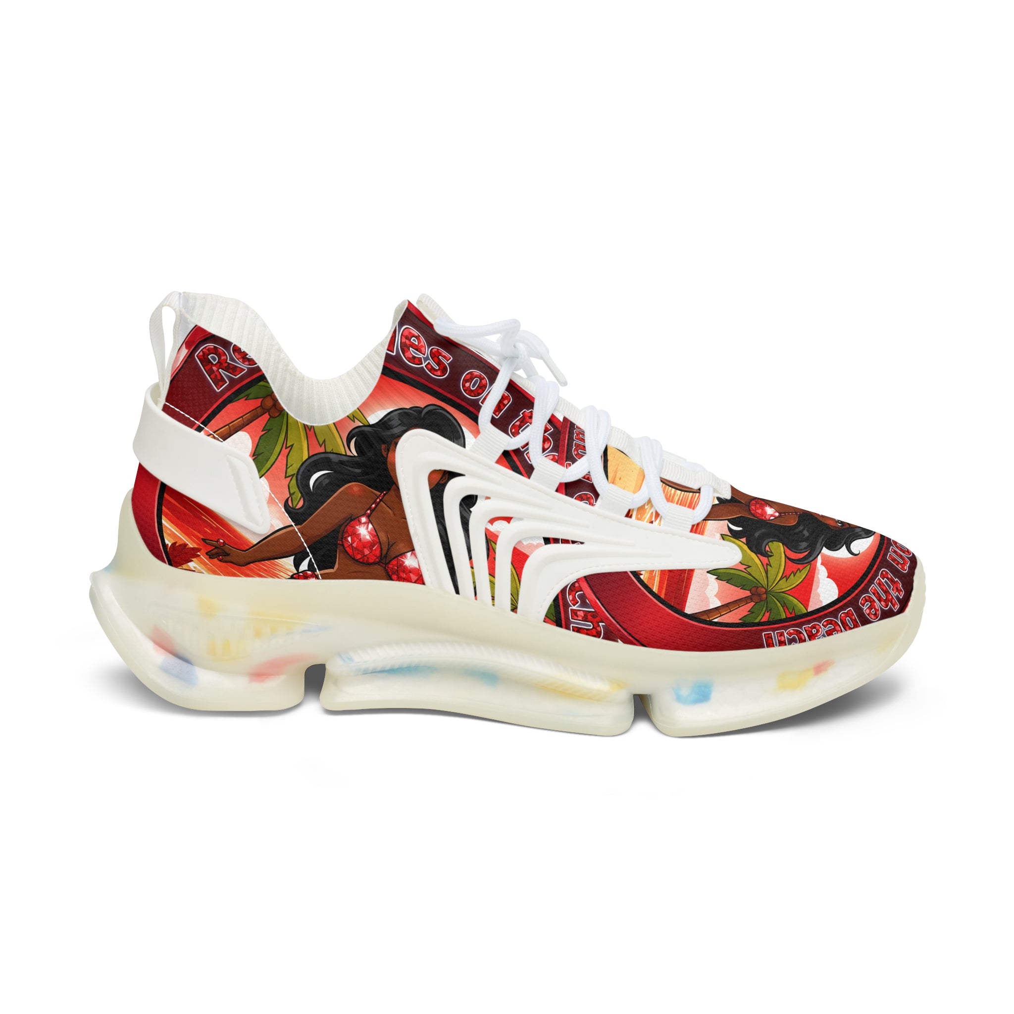 Women’s Mesh Sneakers —"Red Rubies On The Beach" Tropical Pinup Graphic Athletic Shoes